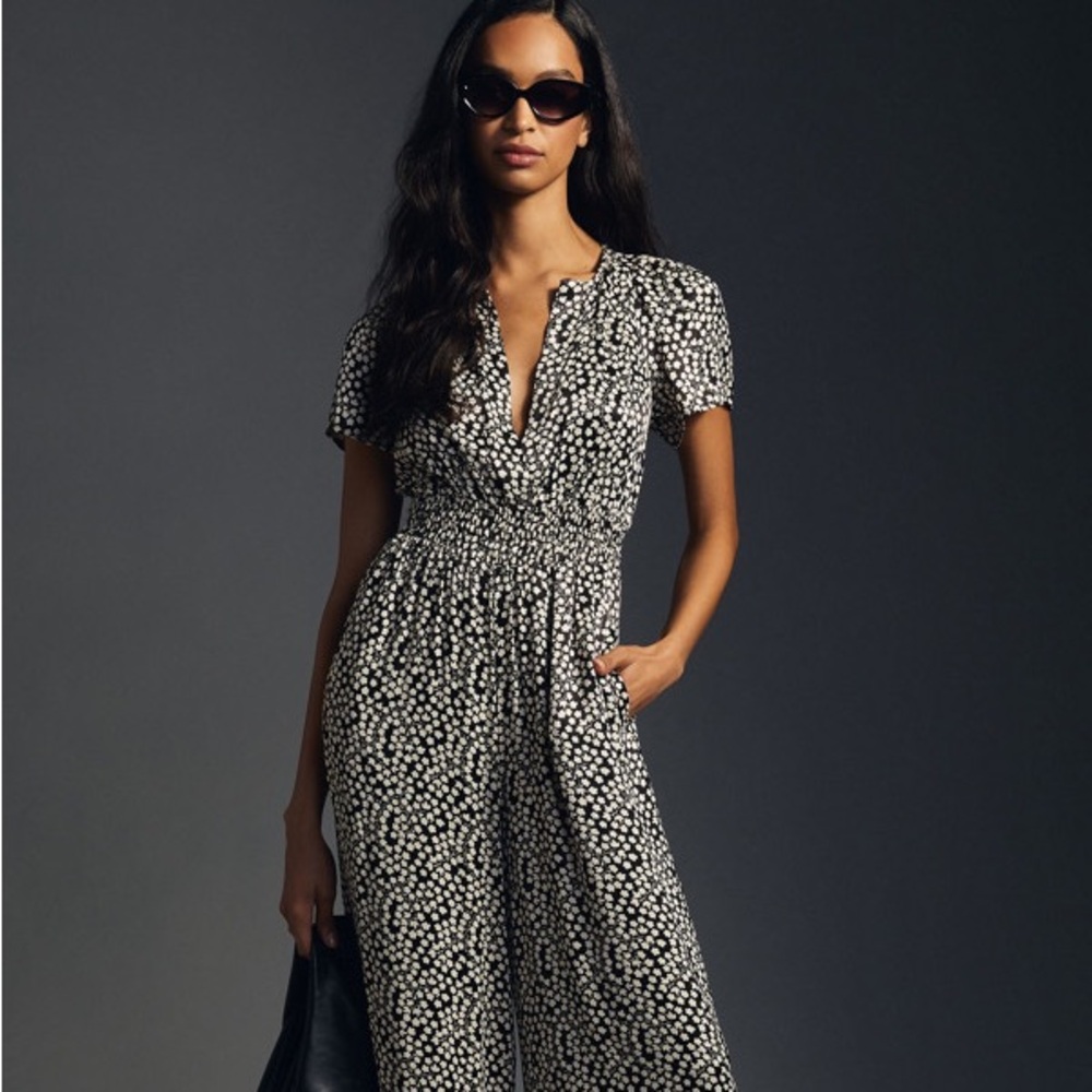 Anthropologie Black and White Patterned Jumpsuit with V-Neckline